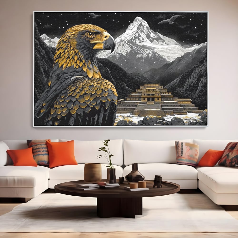 Tablou canvas cu tablou canvas cu vultur si templu aztec, in rama de aluminiu argintiu, pe perete intr-un living